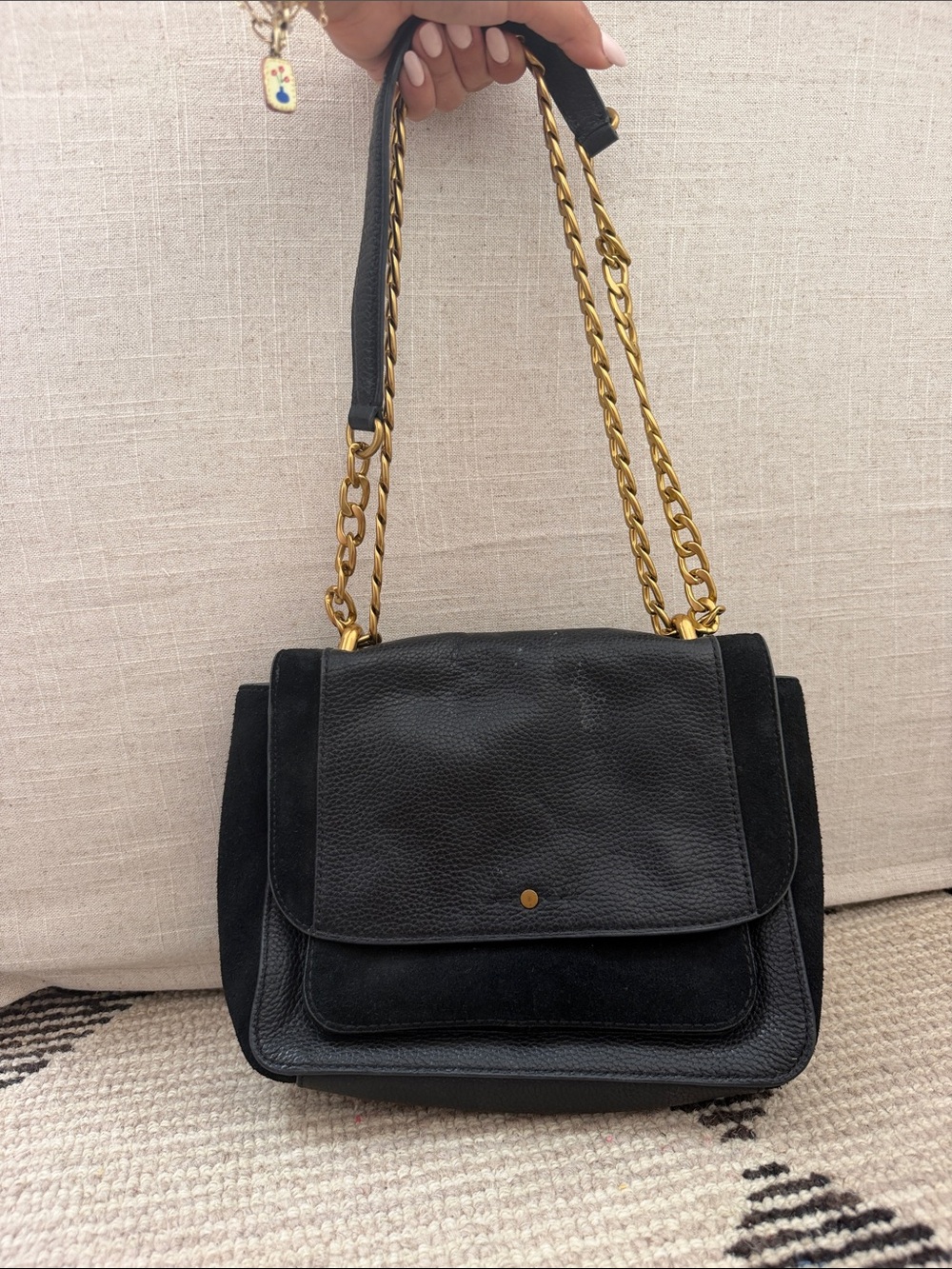 J. Crew Black Leather & Suede Shoulder Bag with Gold Chain